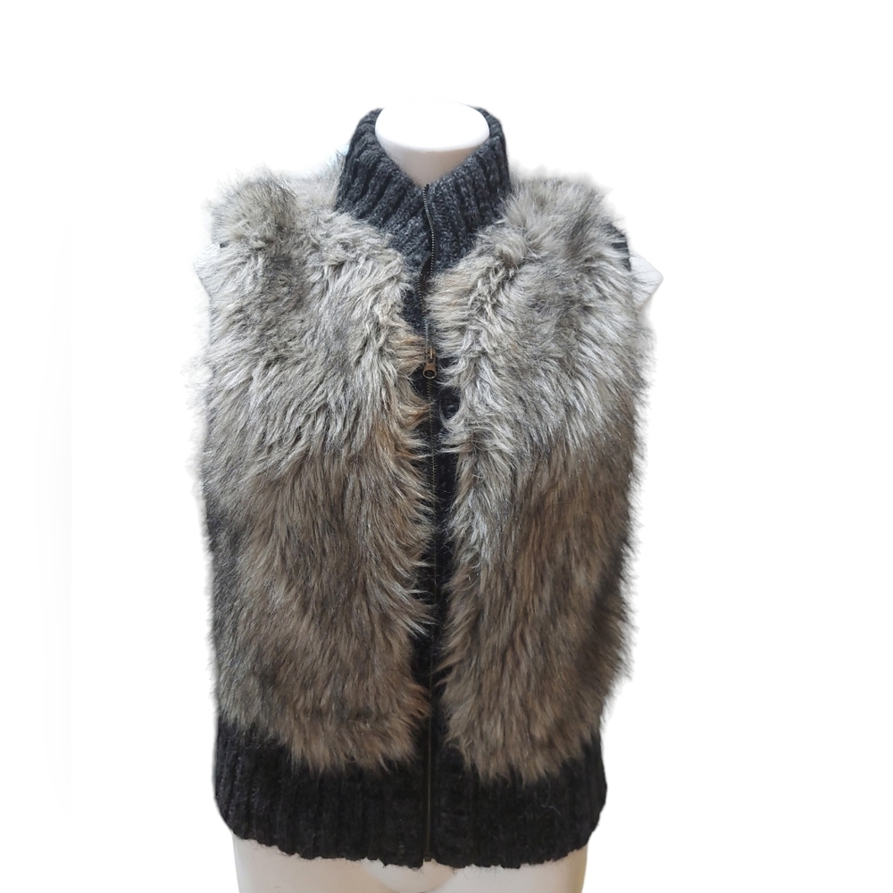Ann Taylor LOFT Charcoal Gray Faux Fur Vest Size XS/S Sweater Trim Wool Blend - Picture 6 of 12